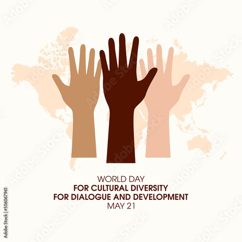 World Day for Cultural Diversity for Dialogue and Development vector. Raised hands and world map silhouette vector. Human hands with different skin colors icon. May 21. Important day