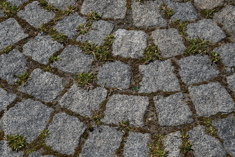 Background, stone texture. Flat square stones and green grass. Background, stone texture. Flat square stones and green grass.