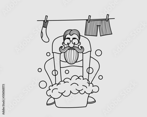 A bearded man is doing laundry. Linear illustration.