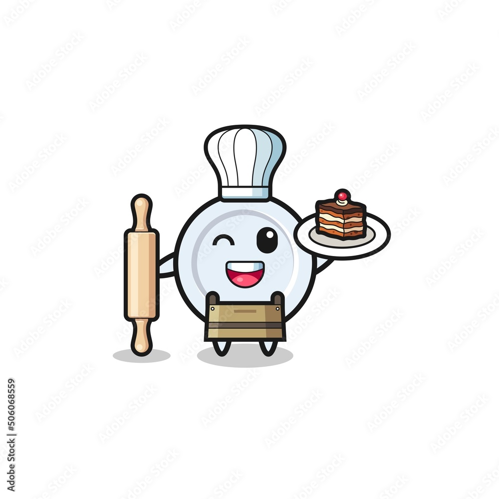plate as pastry chef mascot hold rolling pin