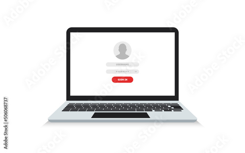 Vector illustration of laptop with sign in to account page. Login and password form page on computer screen