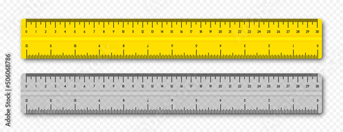 Yellow and transparent rulers. Cm and inch measuring scale. 30 cm and 12 inch. Vector EPS 10