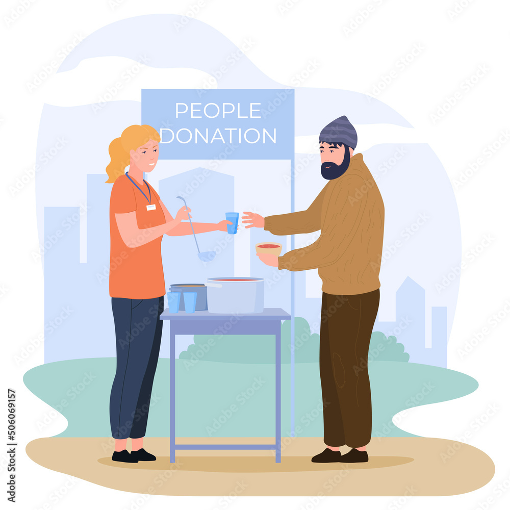 Woman volunteer helping homeless man giving hot soup and water vector flat illustration Woman volunteer helping homeless man giving hot soup and water vector flat illustration