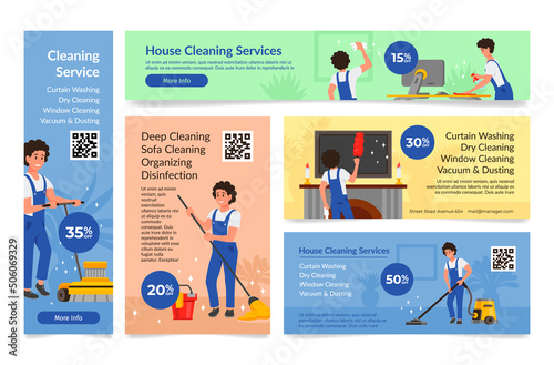 Collection house cleaning service landing page internet poster template vector illustration