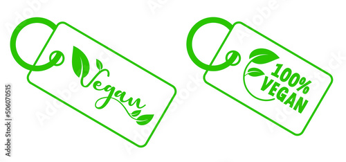 Organic vegan 100% with leaves label, Bio, eco icon or symbol. lactose free, vegan, no meat, healthy, fresh food. Green leaf logo. Vegetarian healthy food. Nature, ecology. Veganism slogan or quote. G