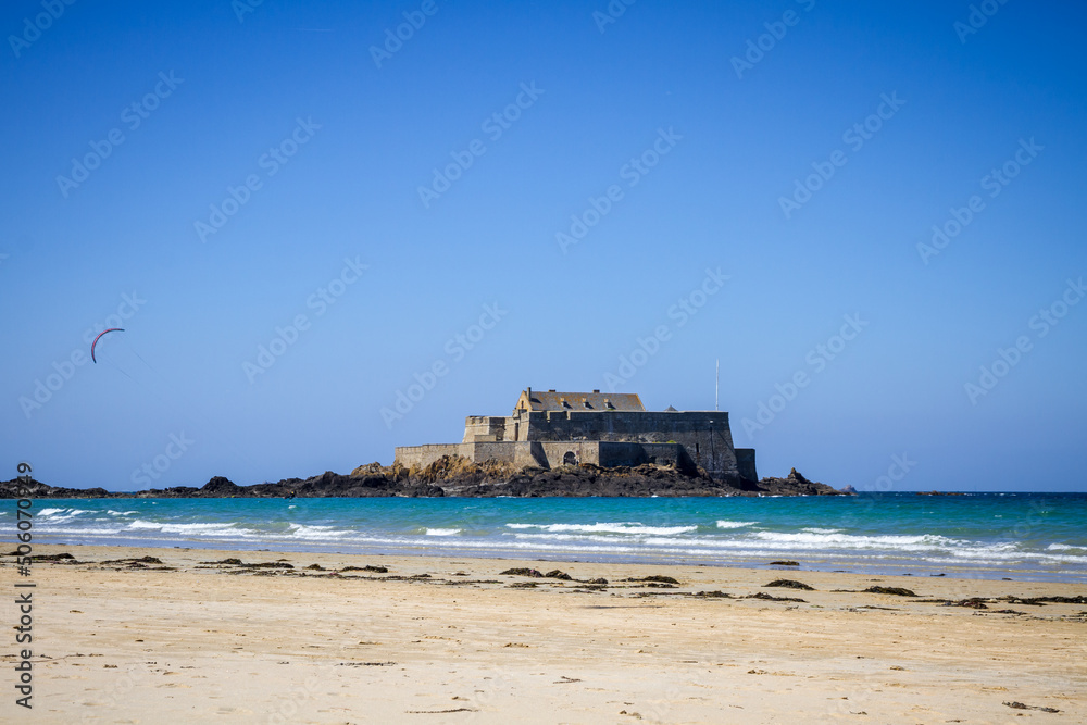 Fort National and a kite surfer on sea in Saint-Malo city, Brittany, France