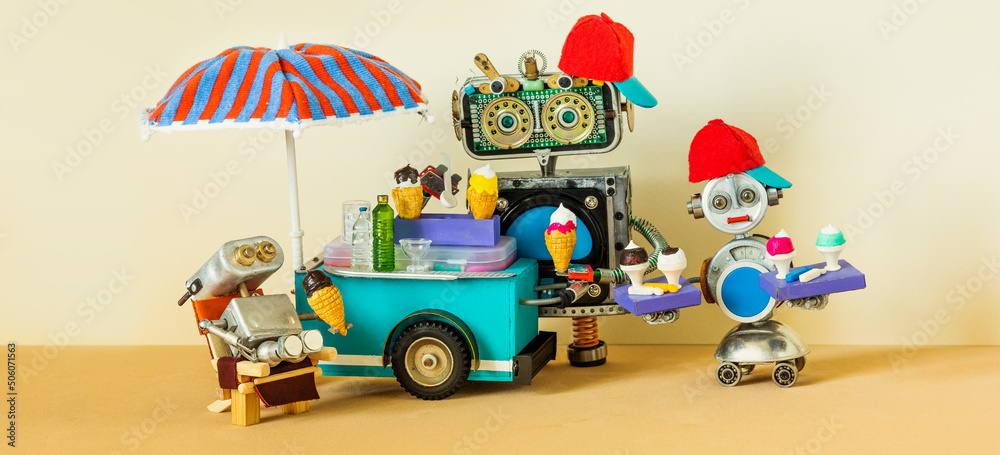 Mobile ice cream lemonade shop. Summer cart big umbrella, robotics ...