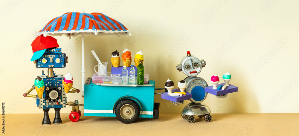 Toy ice cream shop. Summer cart big umbrella, robot seller and robotics waiter with ice cream