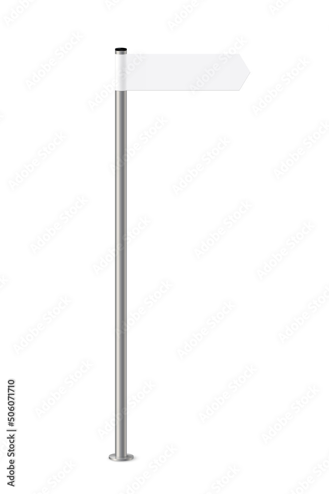 Signpost with blank direction sign on road. Metal pole with white arrow board vector illustration. Retro steel street post isolated on white background. Simple empty crossroad banner - obrazy, fototapety, plakaty 