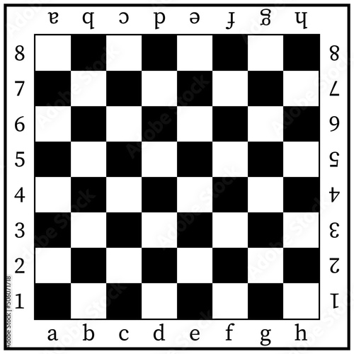 Chess board design template. Black wooden chessboard background with letters and numbers. Vector mockup.