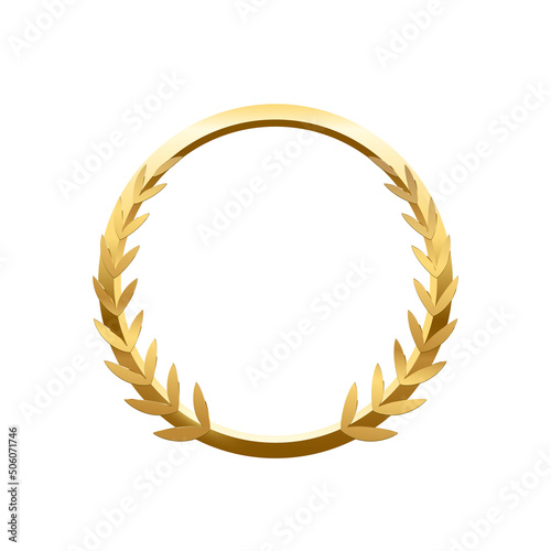 3d gold ring and circular decoration with laurel leaves vector illustration. Realistic golden round award vip object with glow light effect, victory or anniversary medal isolated on white background.