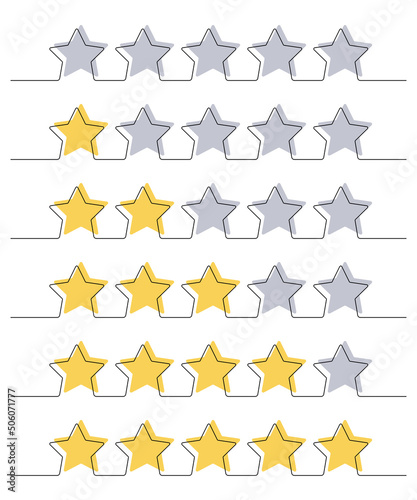 Product quality rating or customer review with stars from continuous line vector illustration. Assessment linear symbols for critic feedback service, evaluation survey, digital app isolated on white.