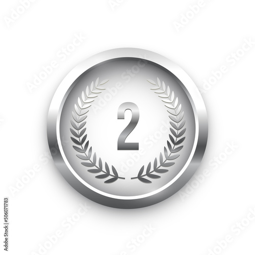 Silver medal. Trophy award with number and laurel wreath vector illustration. Prize in sport for winning second place in competition isolated on white background.