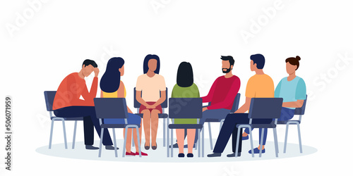 Group psychotherapy. Persons sitting in circle and talking. People meeting. Psychotherapy training, business lecture or conference. Man woman support group. Vector illustration. © Alena