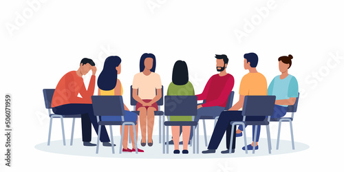 Group psychotherapy. Persons sitting in circle and talking. People meeting. Psychotherapy training, business lecture or conference. Man woman support group. Vector illustration.