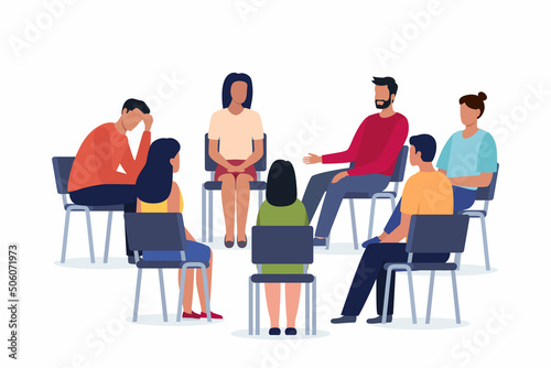 Group psychotherapy. Persons sitting in circle and talking. People meeting. Psychotherapy training, business lecture or conference. Man woman support group. Vector illustration.