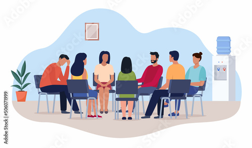 Group psychotherapy. Persons sitting in circle and talking. People meeting. Psychotherapy training, business lecture or conference. Man woman support group. Vector illustration.