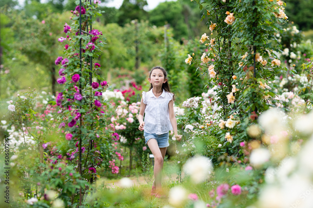 薔薇の咲いた庭で遊ぶ少女