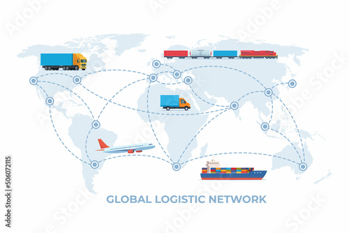 Cargo logistics transportation concept. Global logistic network. Cargo plane, ship, train, truck transport on a background of the world map. Import, export. Global freight transportation. Vector.
