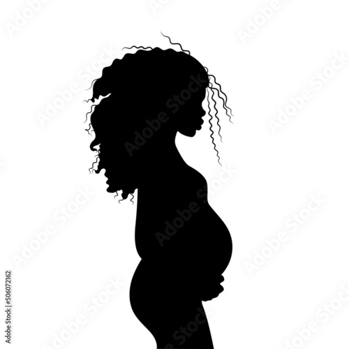 silhouette of a pregnant woman Silhouette of a pregnant curlyhaired girl isolated on a white back