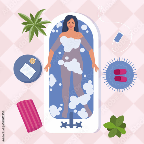 Woman taking a bath, top view. Relaxing girl in bathroom. Contented relaxed woman smiles while lying in the bath. Flat style vector illustration.