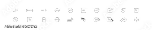 NFC payment set icons. NFC technology icon. Wireless payment symbol collection, credit card tap pay. Vector flat isolated line