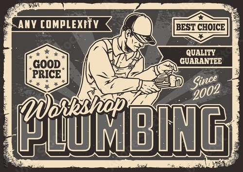 Plumbing workshop monochrome scraped poster