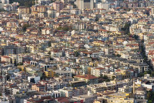 Turkey, Alanya, 30.08.2021: The city of Alanya (Turkey) from a bird's eye view. Densely populated city from above. Travel to Turkey.