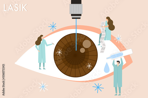 Flat design of eyes lasik surgery vector, doctors are doing eye testing and lasik eye surgery, Femto laser to cure shortsighted eyes. Tear drops for eyes moisture vector.