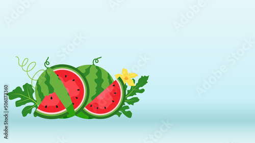 Watermelon and juicy slices vector, flat design of green leaves and watermelon flower illustration, Fresh and juicy fruit concept of summer food.