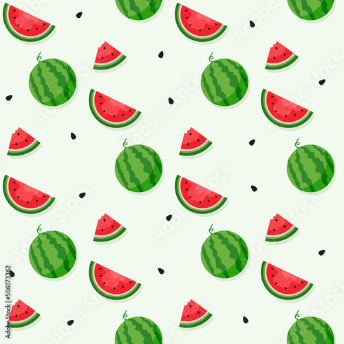 Fototapeta Naklejka Na Ścianę i Meble -  Watermelon background and seamless pattern, flat design of green leaves and flower and watermelon juice illustration, Fresh and juicy fruit concept of summer food.