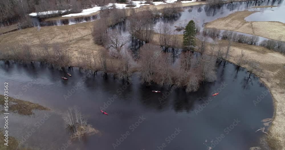 Aerial of canoes on a springtime river in Soomaa National Park, Estonia Aerial of canoes on a springtime river in Soomaa National Park, Estonia