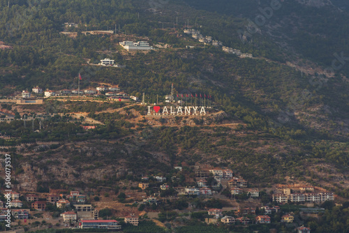 Turkey, Alanya, 30.08.2021: Observation deck in the mountains with the inscription "I love Alanya" in the city of Alanya (Turkey). Travel to Turkey.