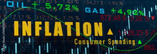 Rising Inflation and consumer spending. Screen with financial datas, increased oil and gas prices, charts and diagrams. Rising consumer spending, energy prices and inflation concept. 3D illustration