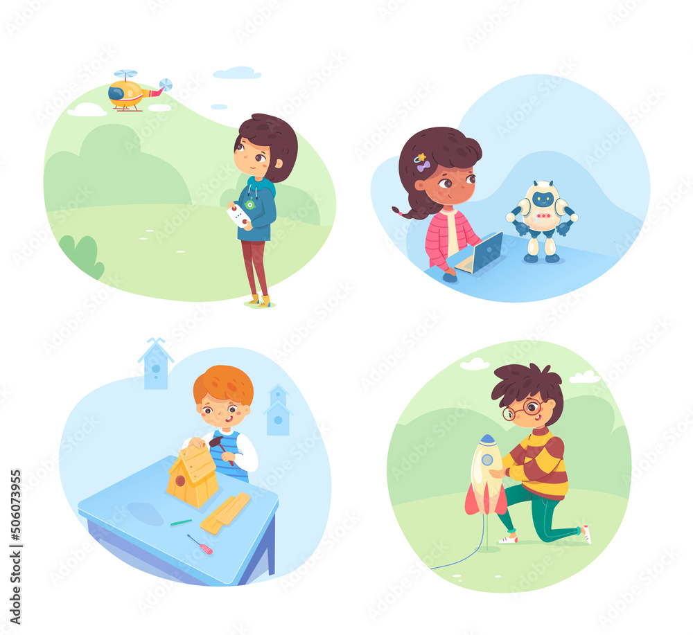 Kids playing games in school or garden illustration set. Weekend hobby activities vector. Boy and girl launching rocket, operating robot from laptop, flying helicopter, building birdhouse. Kids playing games in school or garden illustration set. Weekend hobby activities vector. Boy and girl launching rocket, operating robot from laptop, flying helicopter, building birdhouse.