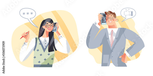 People call on mobile phone and smile set vector illustration. Cartoon freelancer man and woman character talking about business work, hipster guy holding cellphone, girl highschool student smiling.