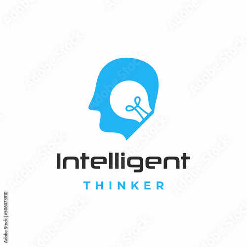 Smart people, human head think bulb idea logo design vector illustration