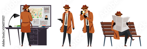 Research and work of detective set, man in trench holding loupe to investigate crime