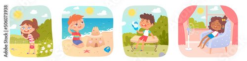 Tired kids in hot weather of summer season set, boys and girls with sunstroke symptoms