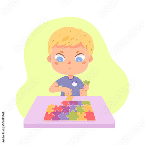 Kid with autism diagnosis, mental disorder of lonely little boy playing puzzle jigsaw