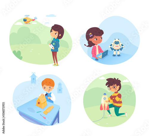 Kids playing games in school or garden illustration set. Weekend hobby activities vector. Boy and girl launching rocket, operating robot from laptop, flying helicopter, building birdhouse.