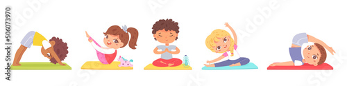 Yoga poses of children set, cute boy and girl stretching and meditating, sport activity