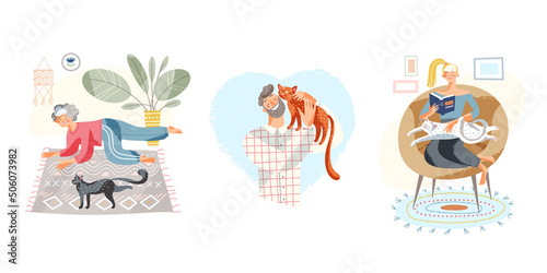 People love adorable cats set, man holding kitty on shoulder, girl sitting with kitten
