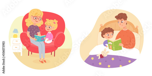 Parents and kids read book set, mom reading for daughter, son listening story from father