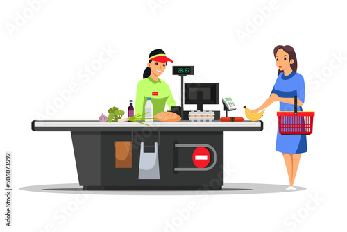 Woman paying for food at supermarket checkout, cashier in apron waiting for payment