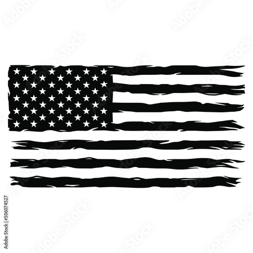 American Distressed Flag. USA Grunge Patriotic Symbol. Silhouette Stoke Icon.United States of America american flag, black isolated on white background, vector illustration.