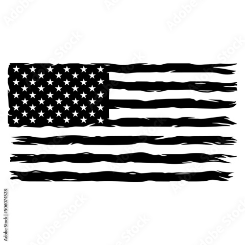 American Distressed Flag. USA Grunge Patriotic Symbol. Silhouette Stoke Icon.United States of America american flag, black isolated on white background, vector illustration.