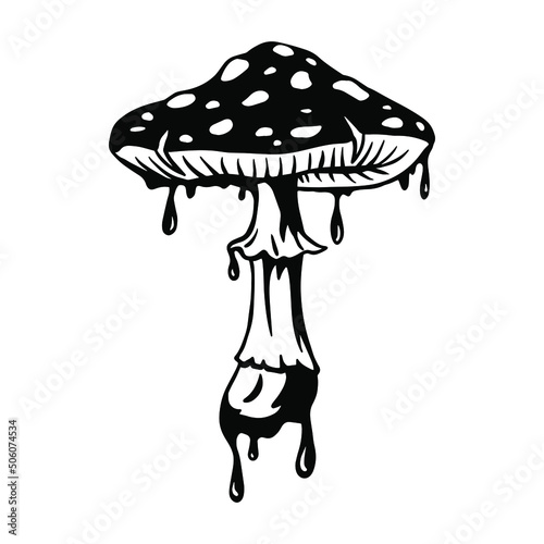 Dripping Mushroom Amanita  Psychedelic Sticker T-shirt Design Graphic Cut File Clipart Vector.Wild muscimol mushroom Amanita muscaria with dots on the cap (fly agaric, fly amanita).Black and white art