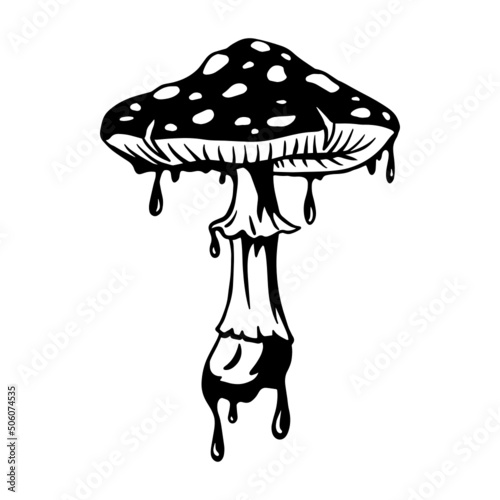 Dripping Mushroom Amanita  Psychedelic Sticker T-shirt Design Graphic Cut File Clipart Vector.Wild muscimol mushroom Amanita muscaria with dots on the cap (fly agaric, fly amanita).Black and white art