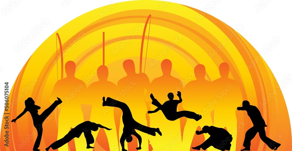 Capoeira movements silhouettes of people playing music in the sunset. Capoeira vector backgrounf, fliyer, banner design